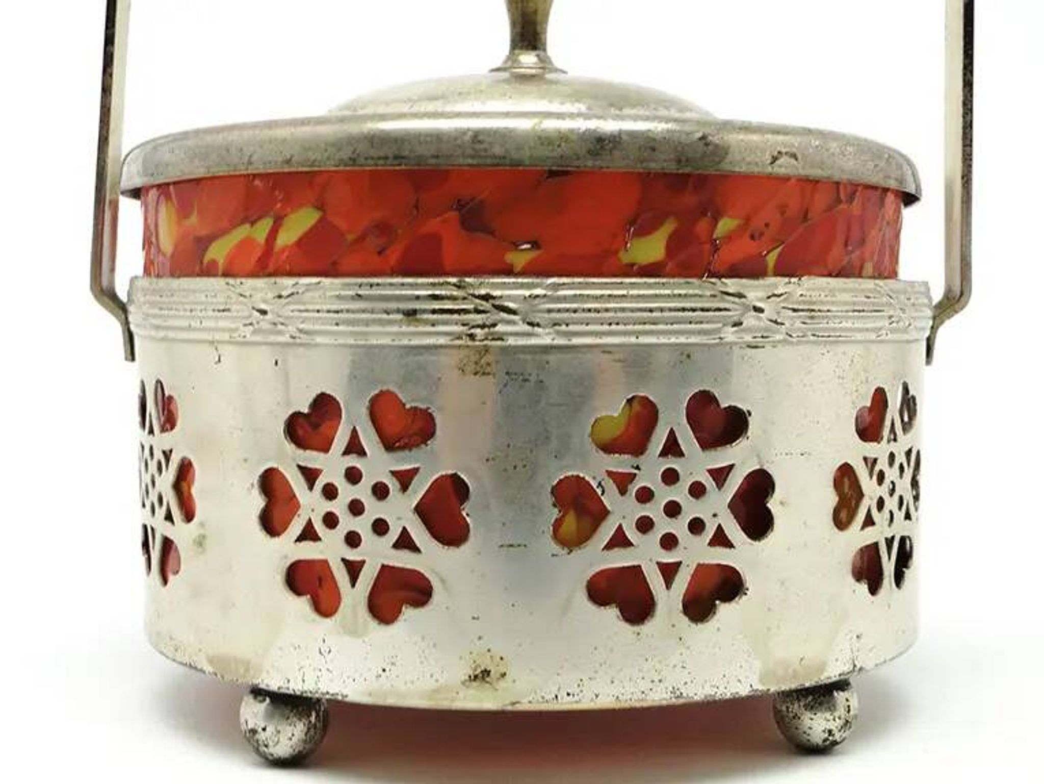 Art Nouveau sugar bowl, silver-plated brass, orange glass, Germany, early 20th century