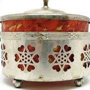 Art Nouveau sugar bowl, silver-plated brass, orange glass, Germany, early 20th century