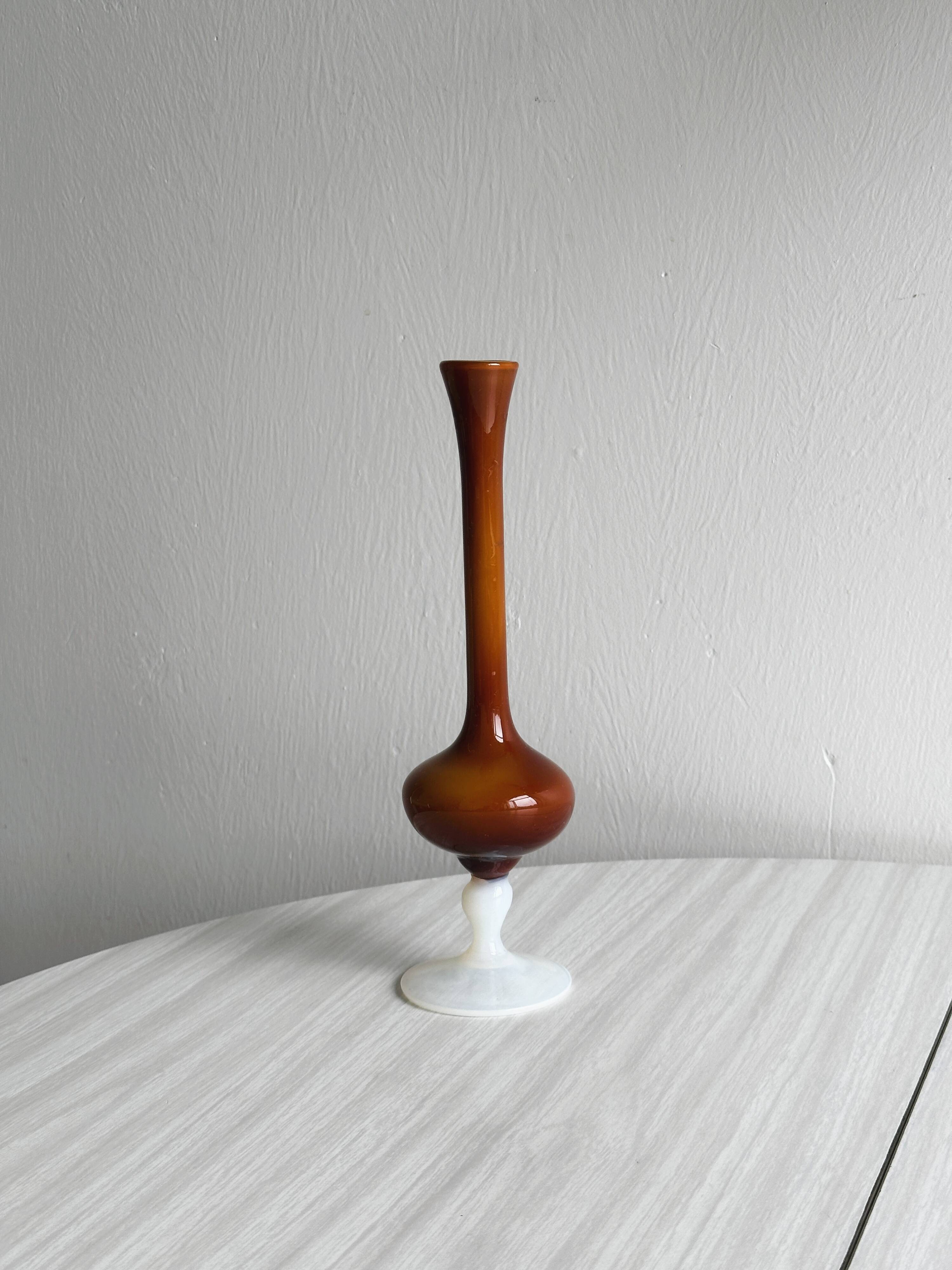 Vintage opaline soliflore vase in two-tone amber and white glass on foot
