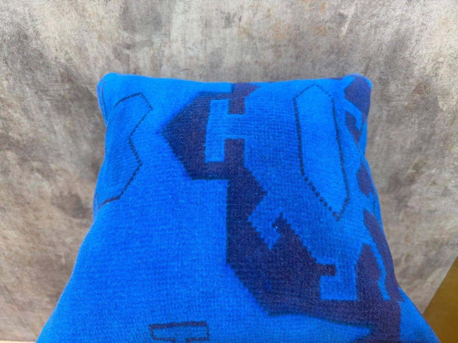 Blue Tribal Totem Rug Pillow, 16x16 Anatolian Wool Cushion