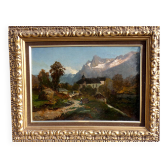 Paysage de montagne du XIXe siècle avec maisons et personnages