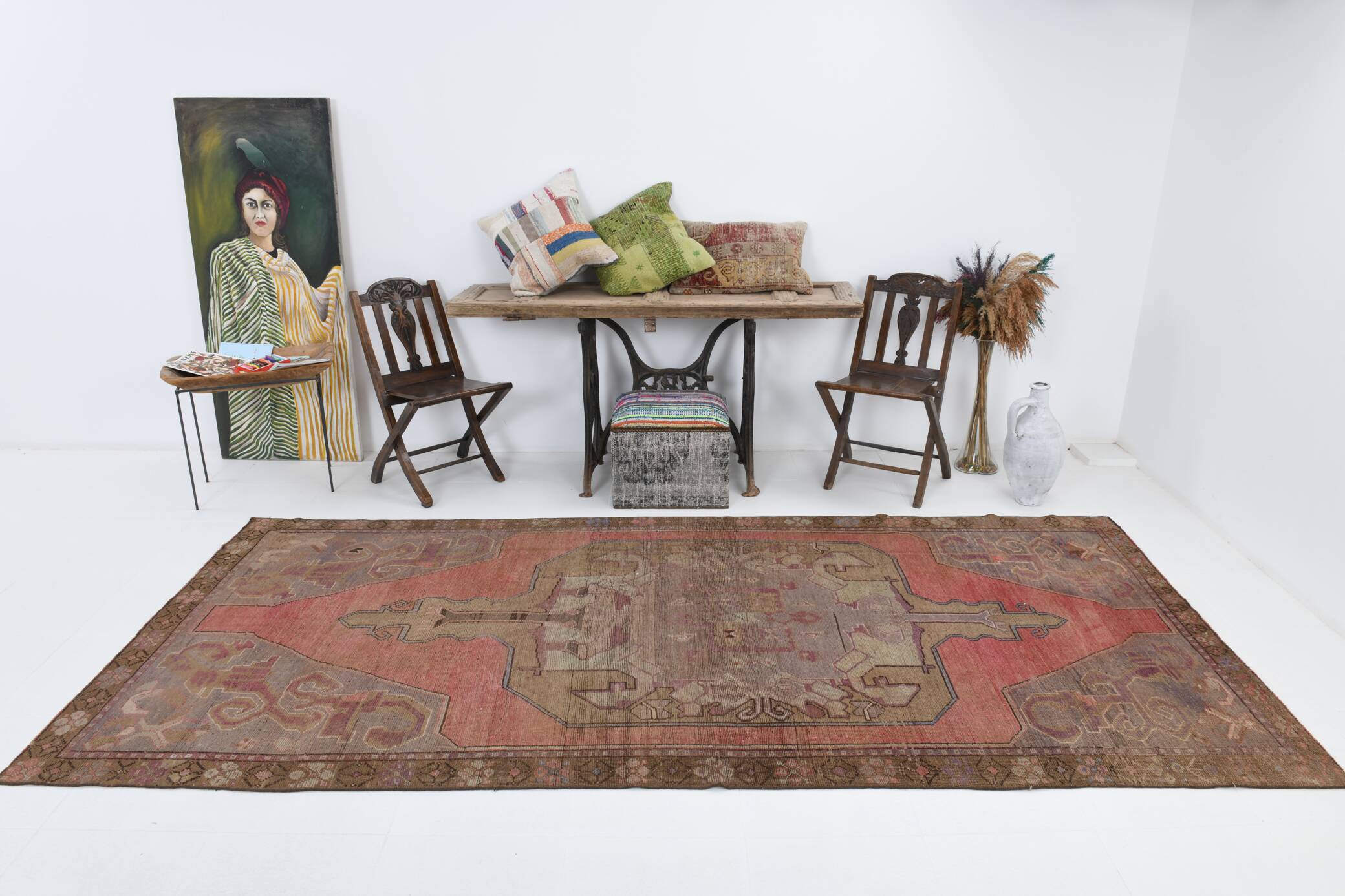 5x11 Rug For Living Room Red Brown Turkish Vintage Rug 150x338Cm