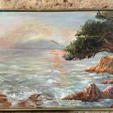 Leduc XXeme : immense tableau vue Meditéranéenne huile sur toile