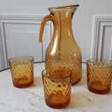 Set of carafe and 3 amber whisky glasses 70s
