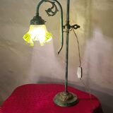 brass lamp with pretty antique patina and opaque green tulip, 58x25