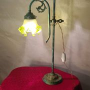 brass lamp with pretty antique patina and opaque green tulip, 58x25