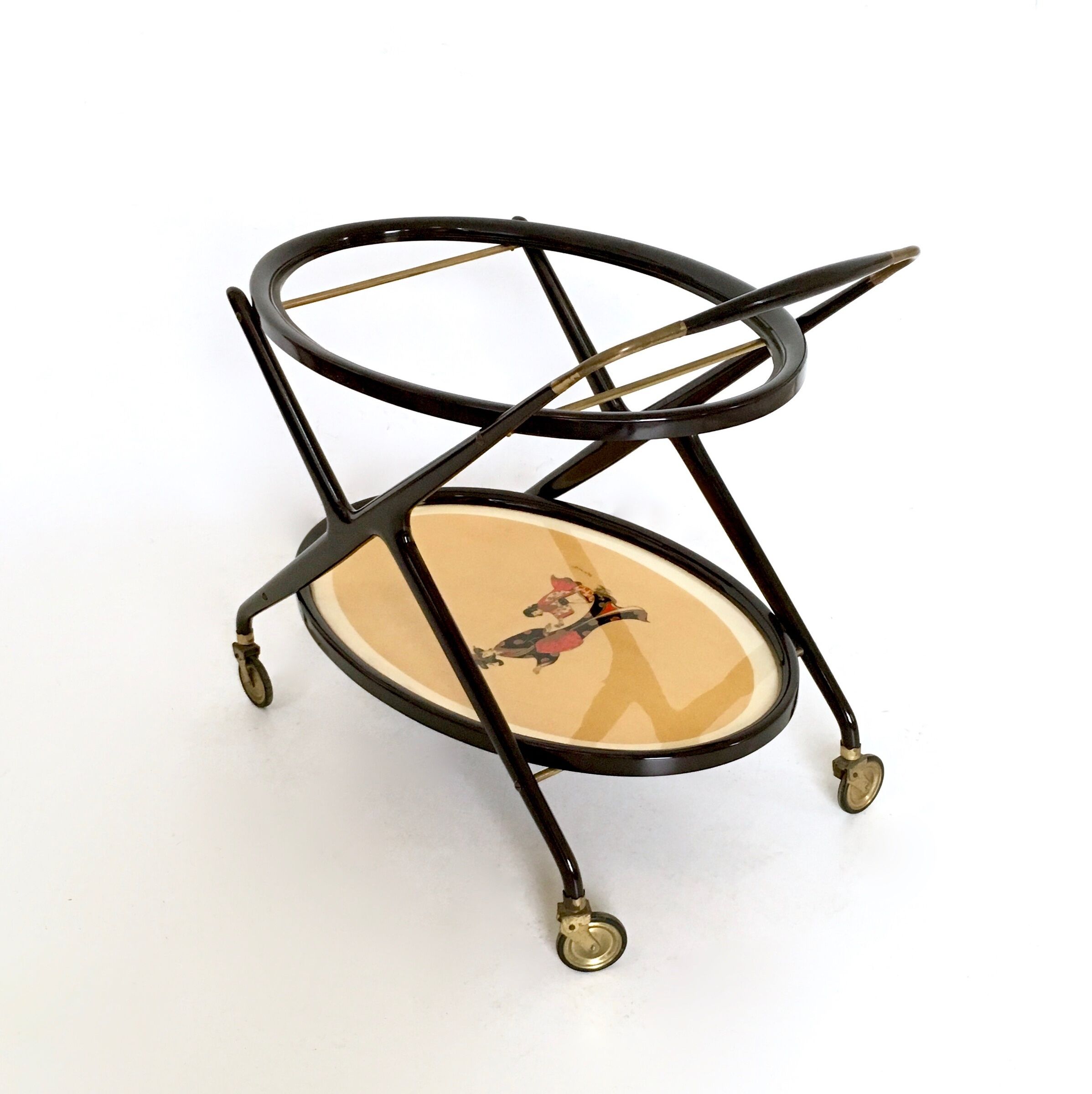 Vintage ebonized beech serving cart with oriental print, italy