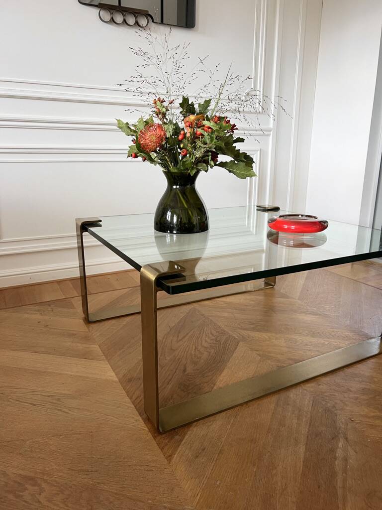 Table basse en verre et laiton Ronald Schmitt, 1970