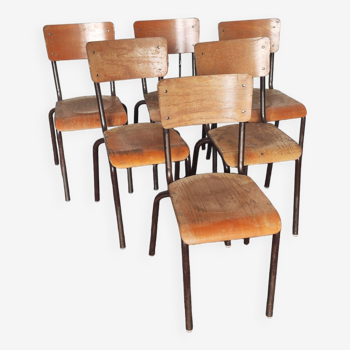 Set of six metal and wood school chairs