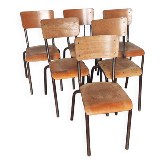 Set of six metal and wood school chairs