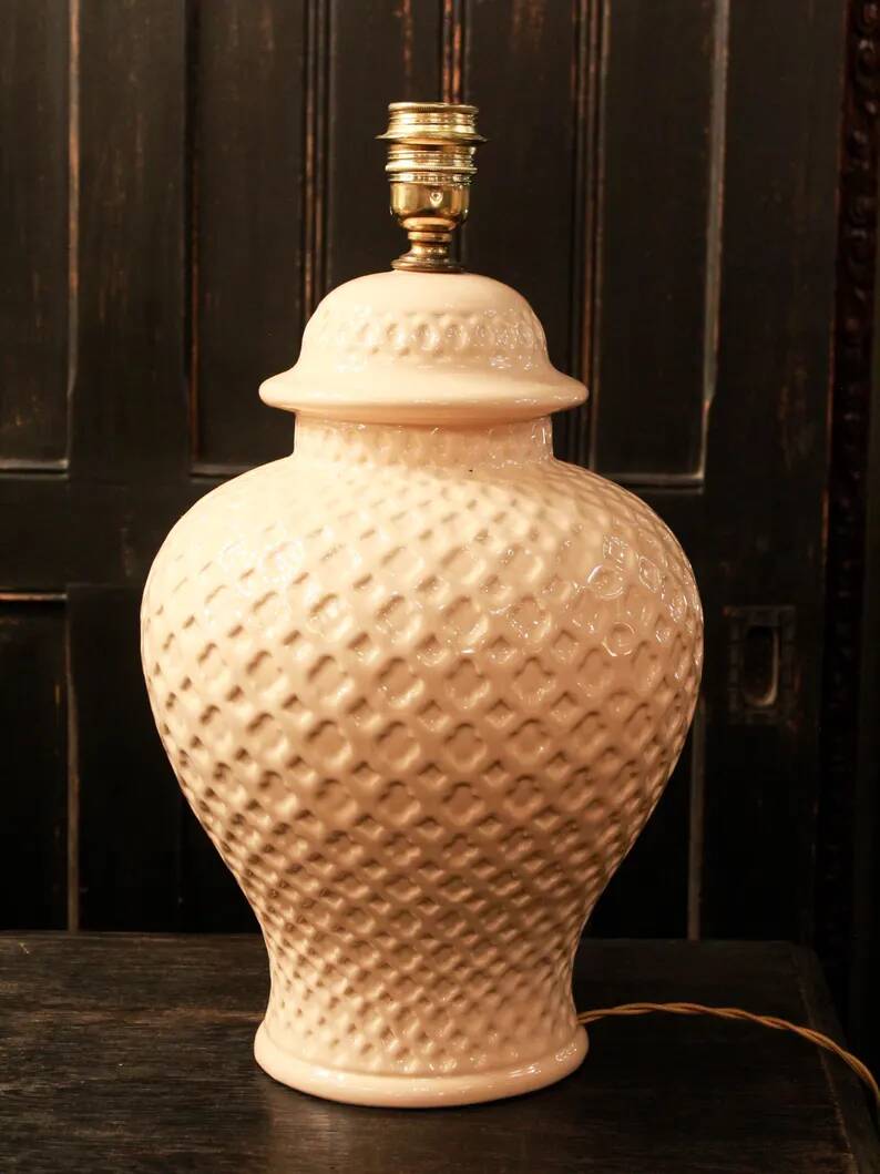 Pair of textured cream ceramic table lamps from Manises.