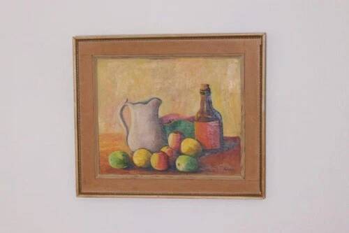 Swedish Oil on Board “Still Life with Jug,Bottle and Fruit” By CW Framed 60×51cm