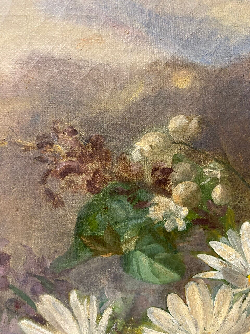 Old painting, still life with daisy roses and wild flowers, signed, early XX century