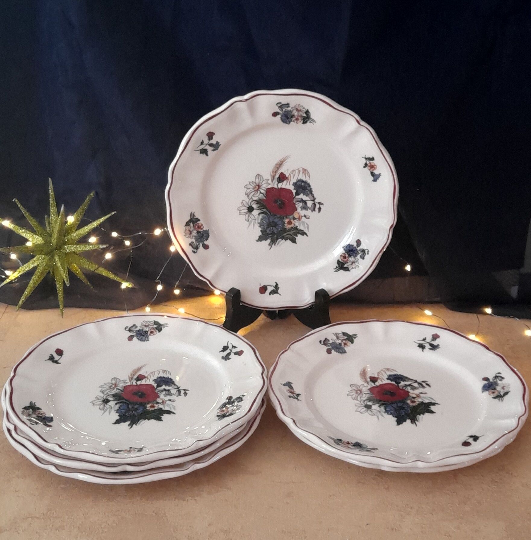 Set of 6 plates dessert model Agreste, flowers, from Sarreguemines, circa 1930