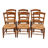 Suite de six chaises rustiques en bois naturel et assise paillée