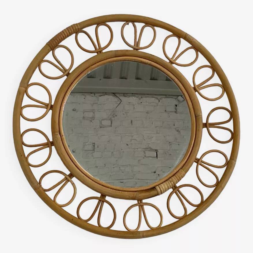 1950s round mirror in bamboo and rattan