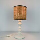 White turned wooden lamp, rattan shade, 1960s.