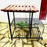 Modernist metal and teak serving trolley on wheels