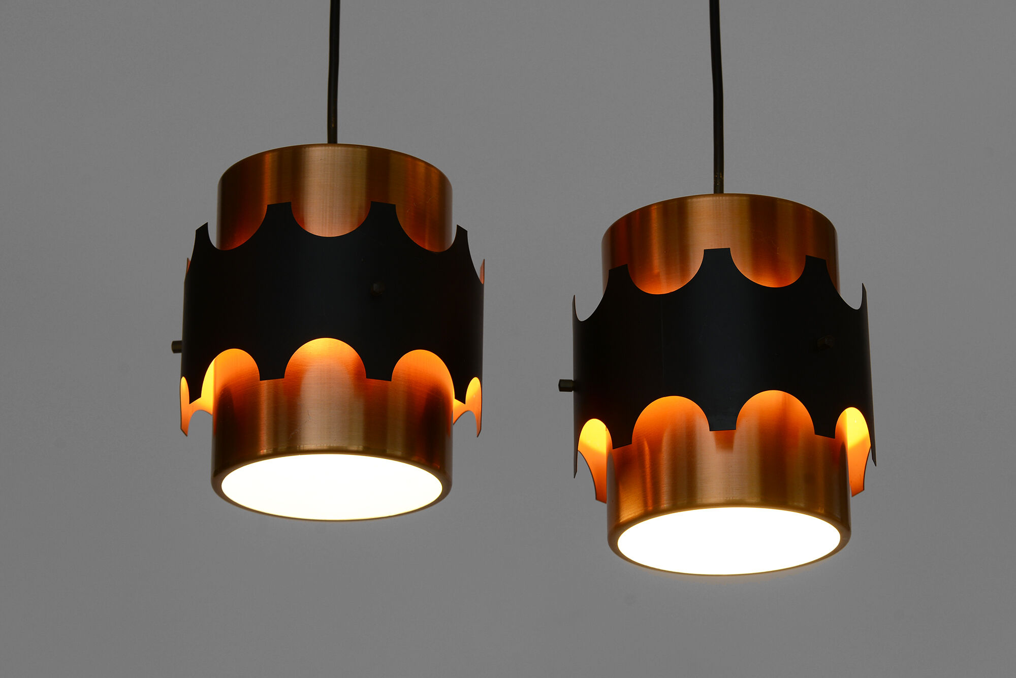 Pair of brass colored pendant lights by Werner Schou for Coronell Electro, Denmark 1960s