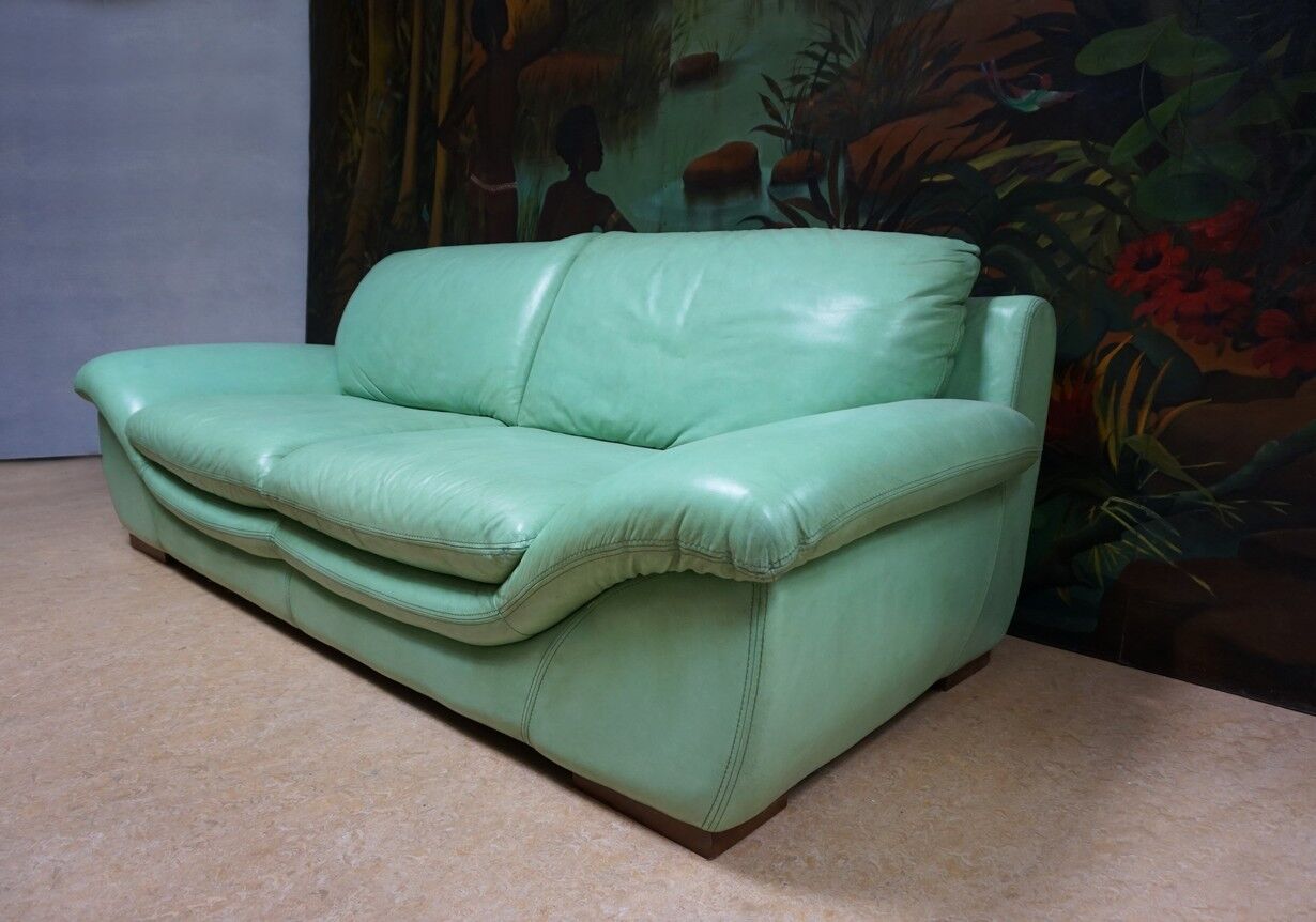 Vintage mint green leather sofa, 3-seater, 1970s