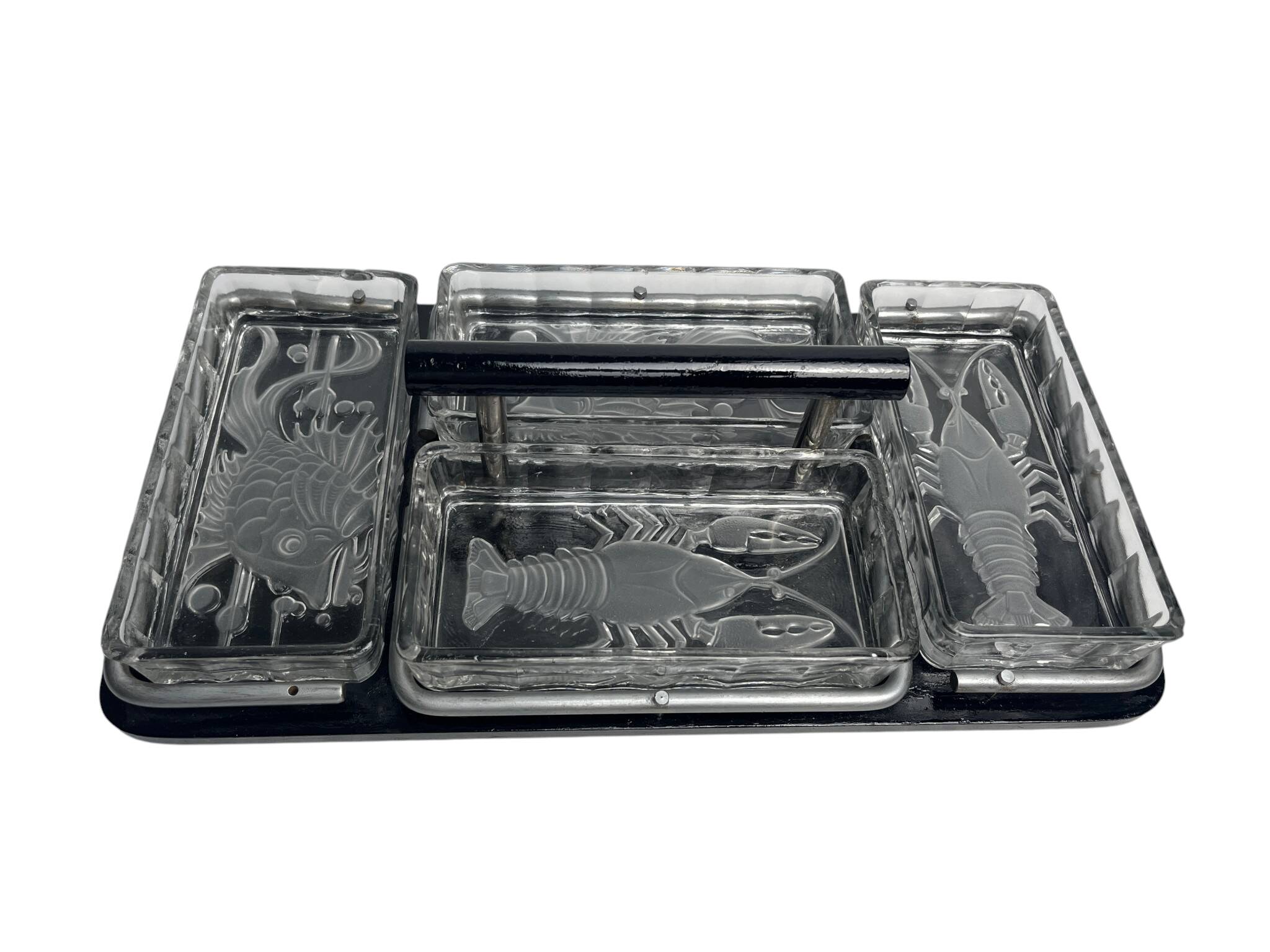Art Deco, serving tray with glass ramekins for fish and shellfish from around 1940.
