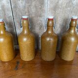Set of 4 Old Beige Stoneware Bottles + Vintage Porcelain Stopper