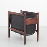 Scandinavian magazine rack in Rio rosewood and leather