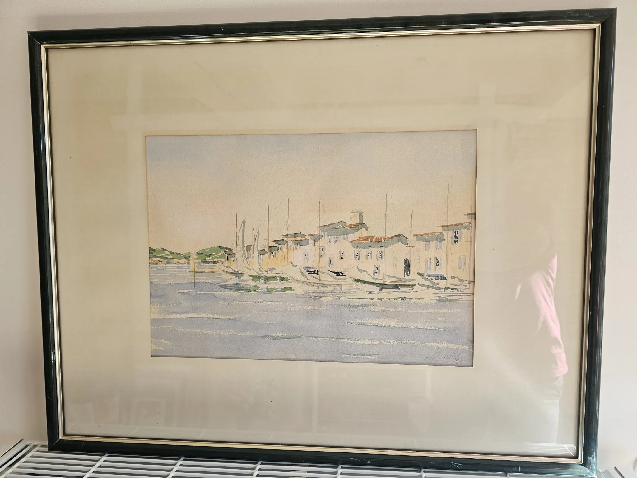 Watercolour painting of the port and boats of Saint-Tropez signed Fulvio.