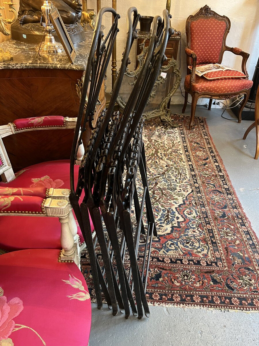 Set of 4 folding garden chairs in wrought iron and riveted, 19th century, Napoleon model.