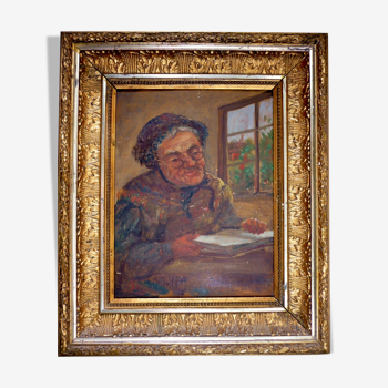 Oil on panel "Old lady reading" François Xavier KRUGLER