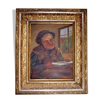 Oil on panel "Old lady reading" François Xavier KRUGLER