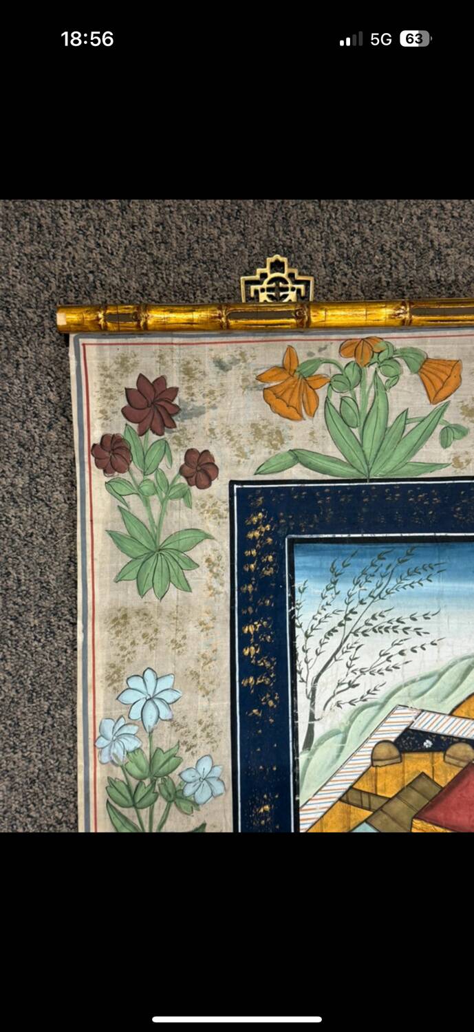 Large Persian painting on silk - large decorative hanging - scene of