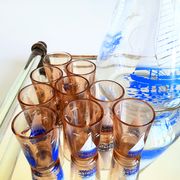 Carafe and 9 liquor glasses decorated with sailboats