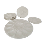 Oyster service dish and 6 plates barbotine earthenware sarreguemines ecru vintage
