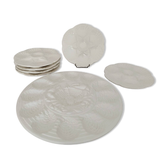 Service à huîtres plat et 6 assiettes barbotine faïence sarreguemines écru vintage