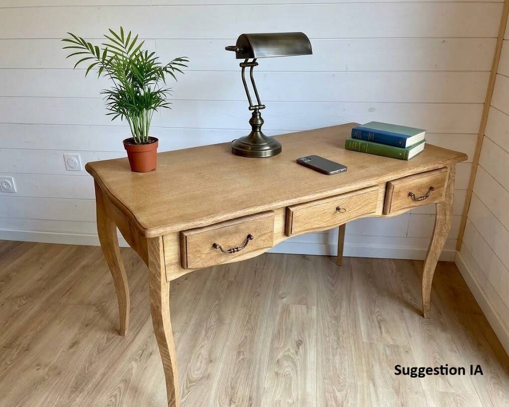 Vintage light wood desk with 3 drawers in Louis Philippe style, chic country.