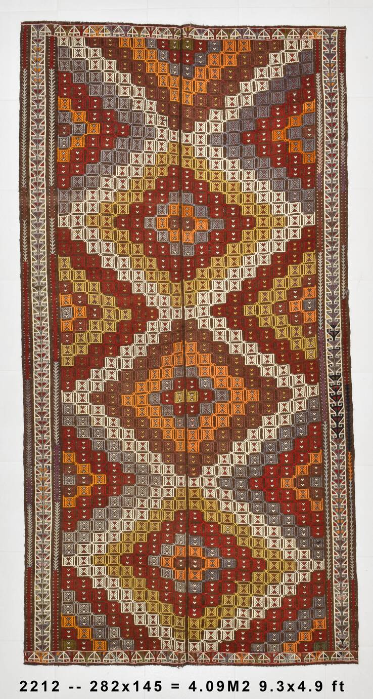 Deep Burgundy & Mustard Yellow Star Pattern Turkish Kilim Rug, 145x282 Cm