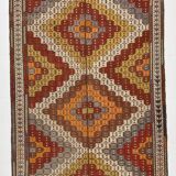 Deep Burgundy & Mustard Yellow Star Pattern Turkish Kilim Rug, 145x282 Cm