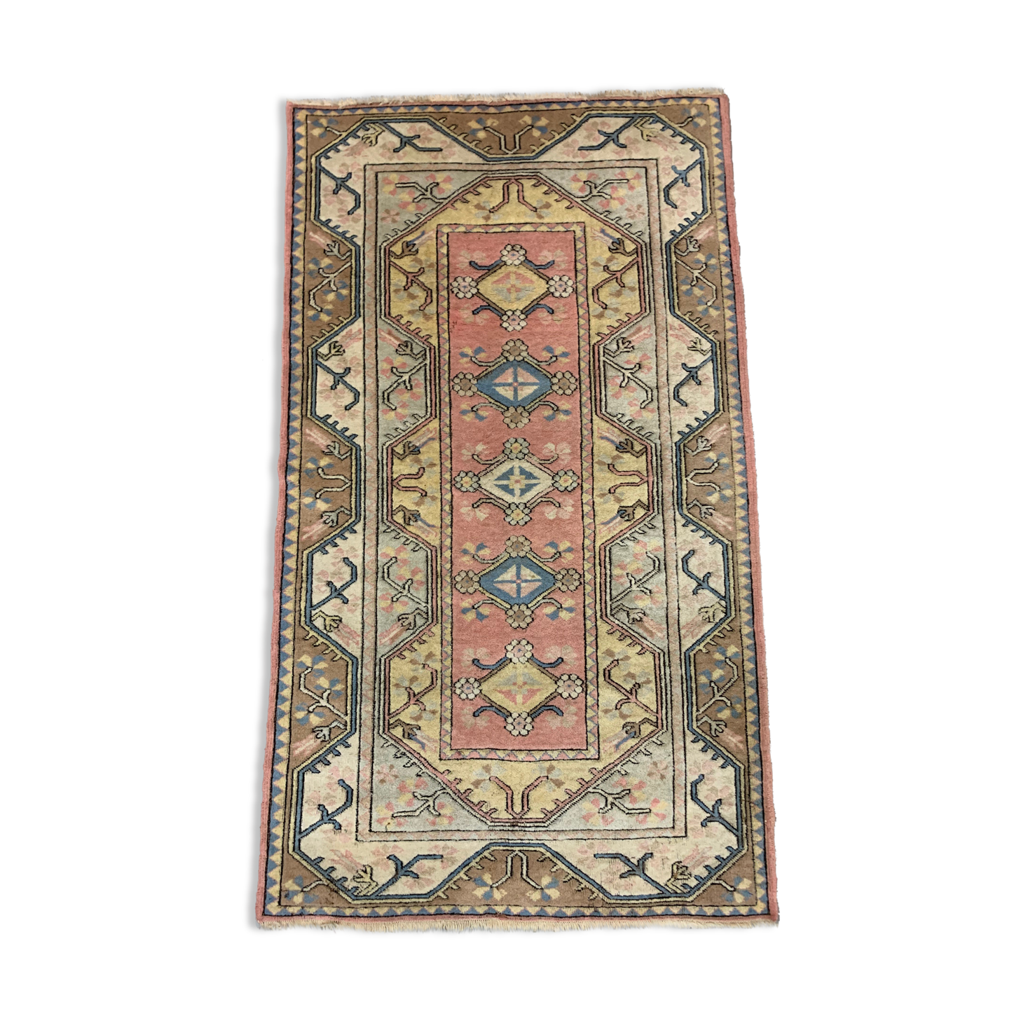 Old Turkish Milas Rug 212x122 cm old vintage carpet Ushak Region Pink Beige Blue