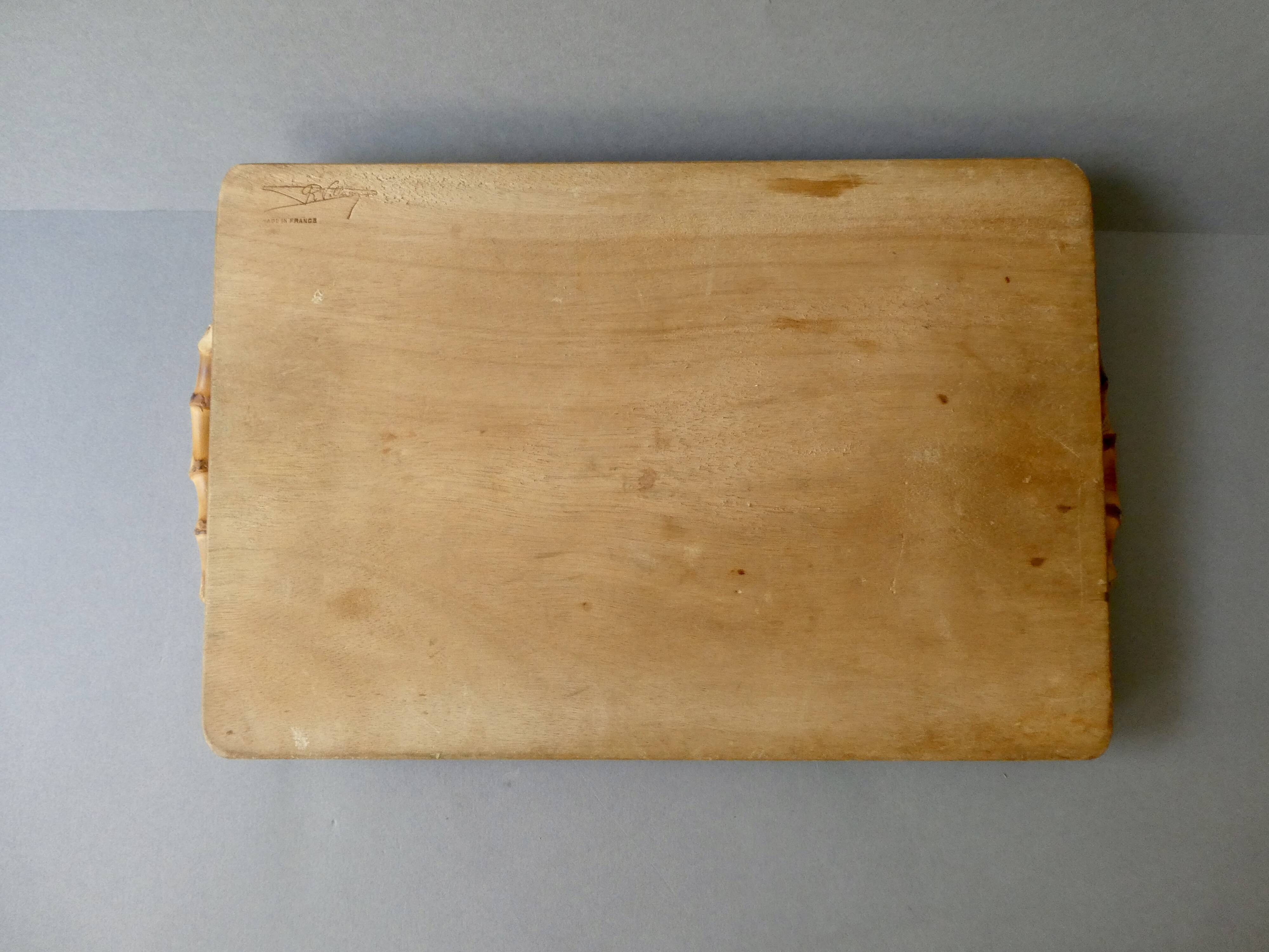Wooden cheese board, bamboo handles, signed