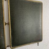 Vintage 1920s triptych barber mirror in gold and green faux crocodile leather - 37 x 87