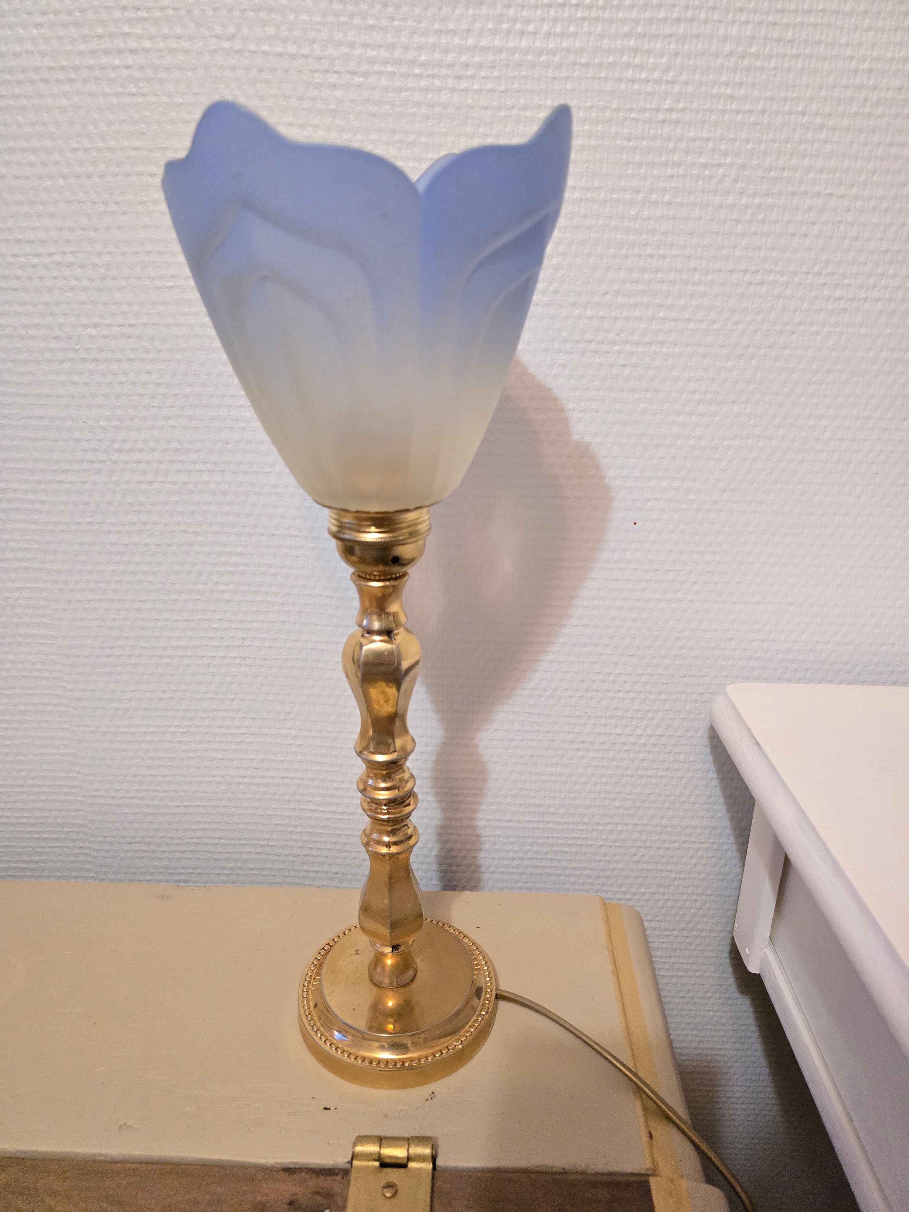 Blue and gold brass table lamp with opaline tulip Art Nouveau