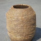 Very large old basket, burgundy straw and bramble, woven basket