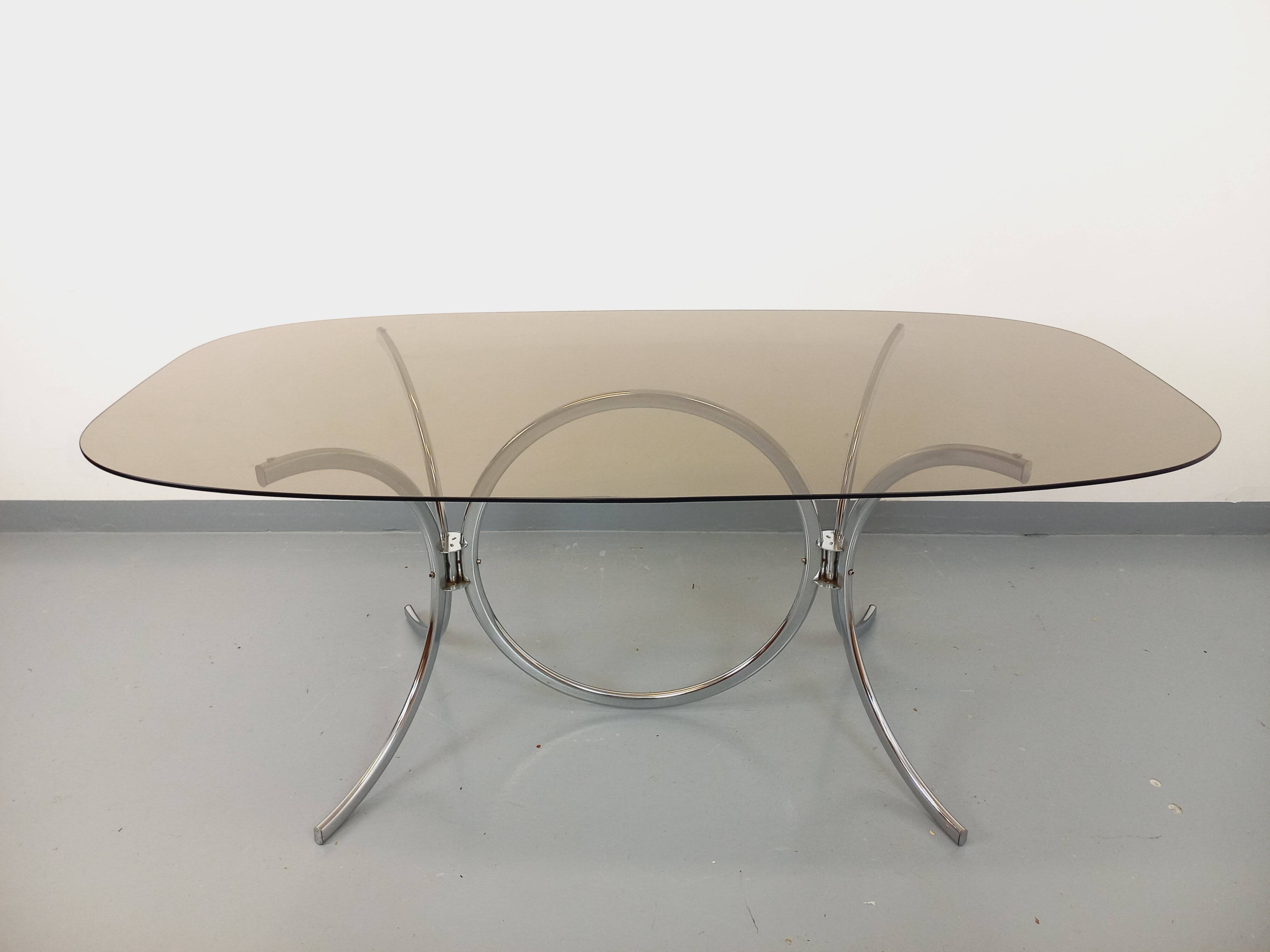 Vintage rectangular rounded dining table in smoked glass and chrome metal