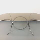 Vintage rectangular rounded dining table in smoked glass and chrome metal