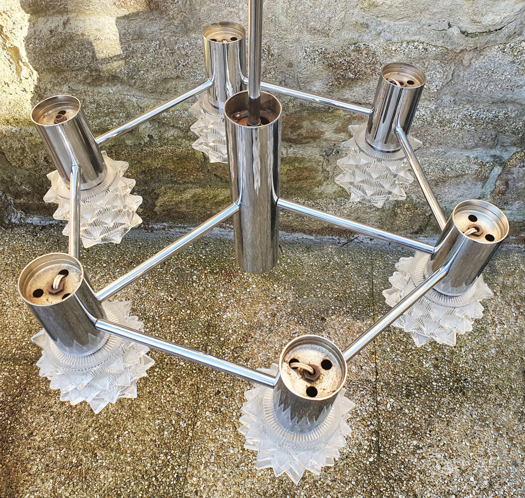 vintage chrome suspension and 6-light glass, vintage, 70s