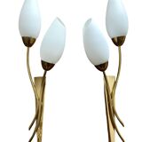 Brass and white opaline wall lights, "Tulip" type, 1950
