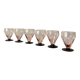 6 small Art Deco pink wine or water glasses with black stems.