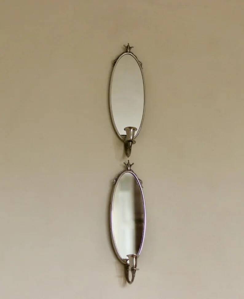 Pair of Mid Century Swedish Pewter Sconces with Mirror by Svenskt - Tenn