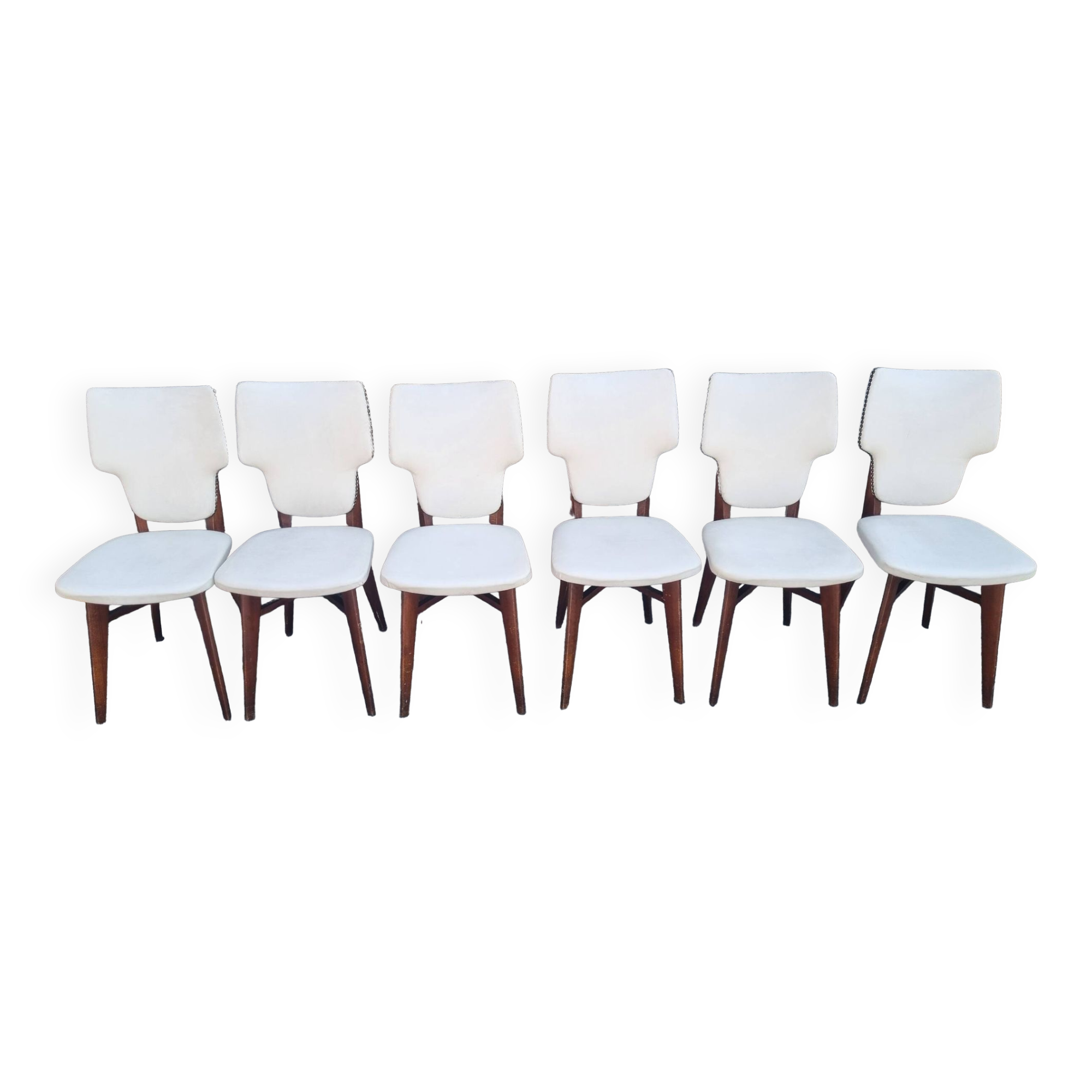 Lot de 6 chaises de salle à manger, bois et skaï blanc clouté, vintage, années 50